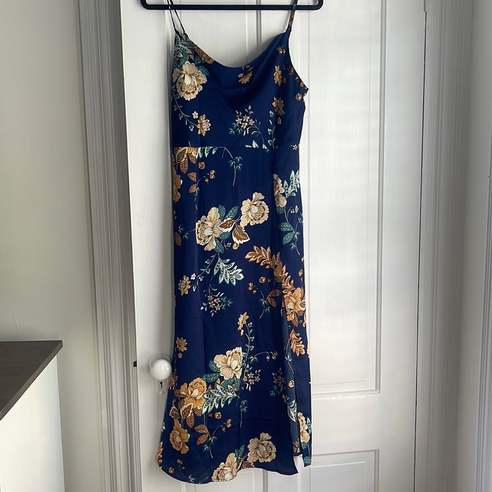 T Asher Navy Blue Mid-Length Floral Wedding Guest Dress